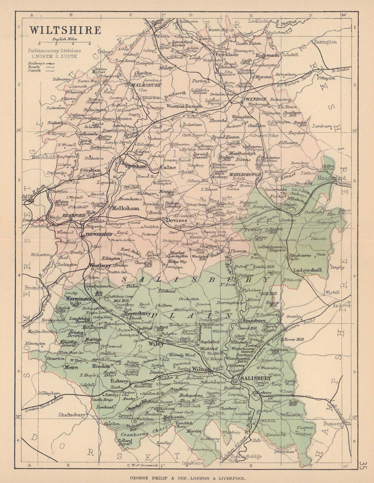 WILTSHIRE. Antique county map. Railways roads canals constituencies. PHILIP 1885